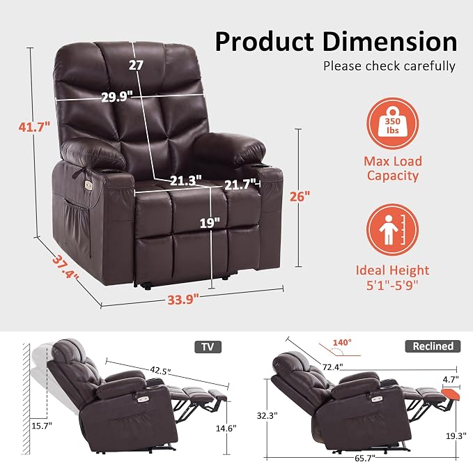 MCombo Power Lift Recliner Chair with Extended Footrest for Elderly People, for Mom, Faux Leather 7287 (Dark Brown, Medium)
