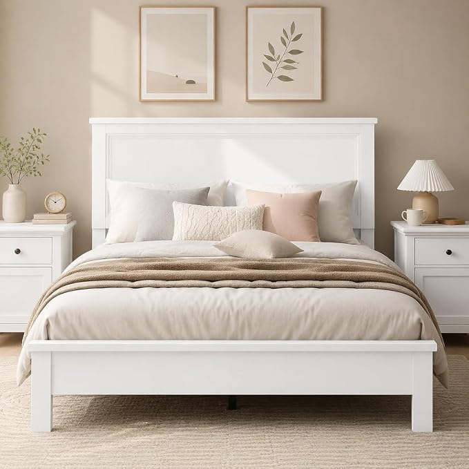 Wood Bed Frames with Headboard, Mid Century Bed Frame with Solid Wood Legs & Wooden Slat Support, Mattress Foundation Bed Base, No Box Spring Needed, (White, Queen (U.S. Standard))