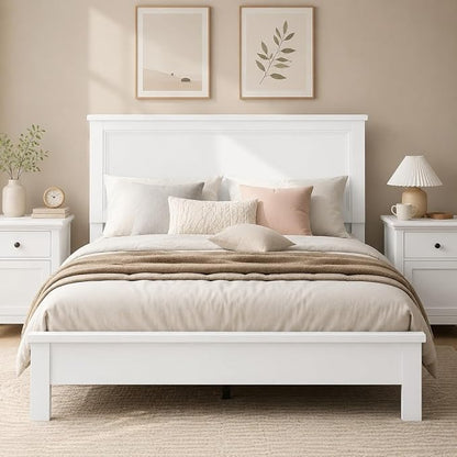 Wood Bed Frames with Headboard, Mid Century Bed Frame with Solid Wood Legs & Wooden Slat Support, Mattress Foundation Bed Base, No Box Spring Needed, (White, Queen (U.S. Standard))