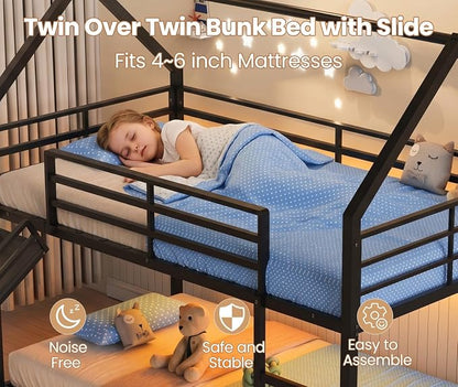Twin Over Twin Bunk Bed with Slide 40° Gentle-Slope & LED Light, House-Shaped Low Bunk Bed Twin Size with 13.4" Extra-Tall Guardrail & Ladder, Heavy Duty, No Box Spring Needed, Easy Assembly, Black