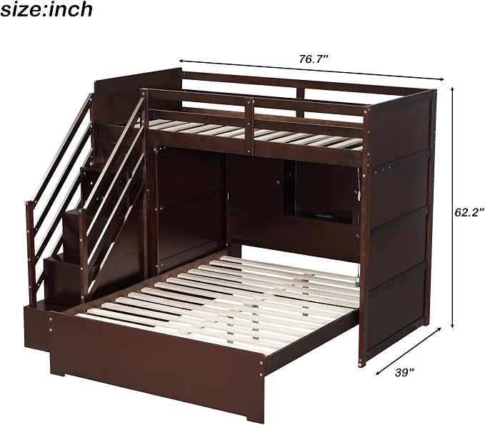 RUNNA Twin Over Full Bunk Bed with Storage Stairs, USB, Light Espresso | Twin over full bunk bed with storage stairs,USB charging station,light,solid wood,guardrails,no box spring needed Espresso