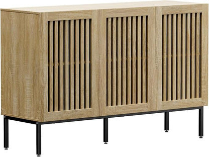 BVIUNTWO Buffet Cabinet with Storage,47" Farmhouse Console Table with Metal Base and Adjustable Shelves,Sideboard Coffee Bar Cabinet with 3 Doors for Kitchen,Dining Room,Living Room,Oak