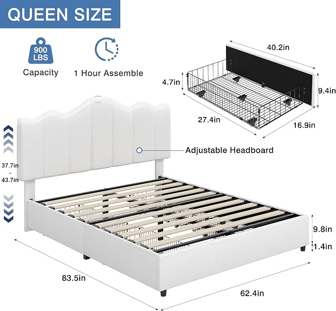 VECELO Queen Size Platform Bed Frame with Type-C & USB Charging Stations/4 Storage Drawers, Upholstered Adjustable Headboard, Strong Wooden Slats Support, No Box Spring Needed, Easy Assembly