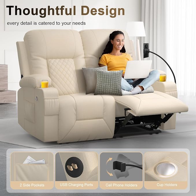 YONISEE Loveseat Recliner, Loveseat Recliner Sofa with Storage, Recliner Chair with USB Ports, 2 Cell Phone Holders, Cup Holder, Loveseat Couch for Living Room Home Theater Seating