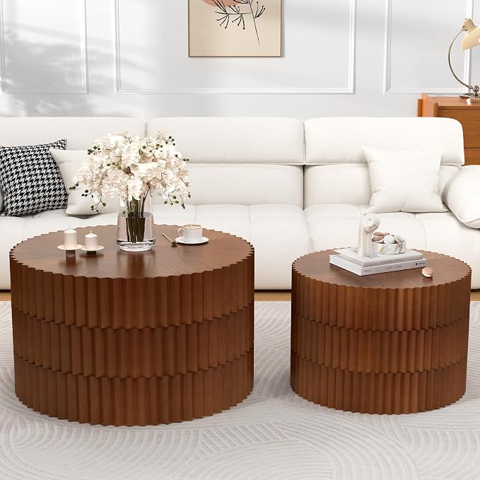 Round Nesting Coffee Table Set of 2 Modern Fluted Coffee Table Walnut Round End Table Small Side Table Circular Coffee Tables Circle Nested Coffee Tables for Living Room (Brown Large)