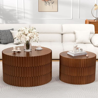 Round Nesting Coffee Table Set of 2 Modern Fluted Coffee Table Walnut Round End Table Small Side Table Circular Coffee Tables Circle Nested Coffee Tables for Living Room (Brown Large)
