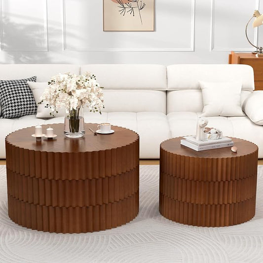 Round Nesting Coffee Table Set of 2 Modern Fluted Coffee Table Walnut Round End Table Small Side Table Circular Coffee Tables Circle Nested Coffee Tables for Living Room (Brown Large)