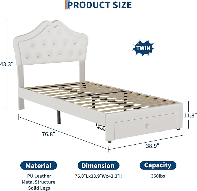 Garvee Twin Size Bed Frame with LED Lights & Velvet Crystal Button Headboard, Upholstered Boy/Girl Platform Bed with Storage Drawer, Noise Free, No Box Spring Needed for Kids, Teens, Beige
