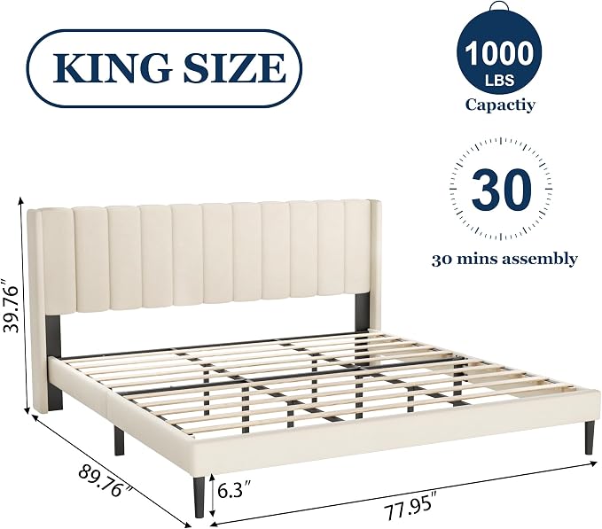 Sismplly King Size Bed Frame and Headboard,Vertical Channel Tufted Wingback No Box Spring Needed, Mattress Foundation, Easy Assembly, Beige