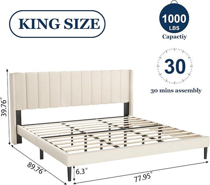 Sismplly King Size Bed Frame and Headboard,Vertical Channel Tufted Wingback No Box Spring Needed, Mattress Foundation, Easy Assembly, Beige