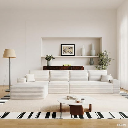 135" Corduroy Couch Sectional with Chaise, L Shape Boneless Cloud Couches for Living Room Bedroom, Modular Corner Couch, Fluffy Deep Seat Compression Sofa, Left Facing Chaise, No Assembly, White
