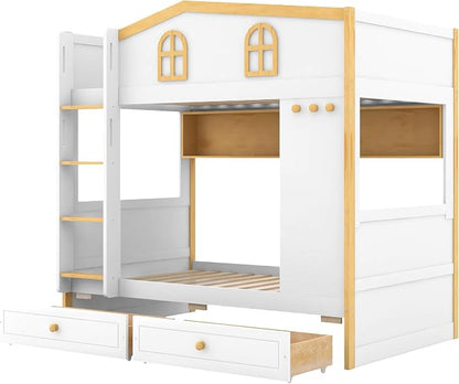 Merax Twin Over Twin Size House Bunk Bed with Storage Shelves & 2 Drawers, Solid Wood Space-Saving Loft Bed Frame with Safety Guardrails for Bedroom, White+Natural