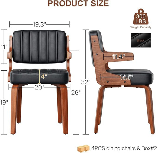 Dining Chairs Set of 4 with Hanging Armrest Black | Set of 4 with hanging armrests for compact table-edge storage. Walnut frame with premium faux leather upholstery