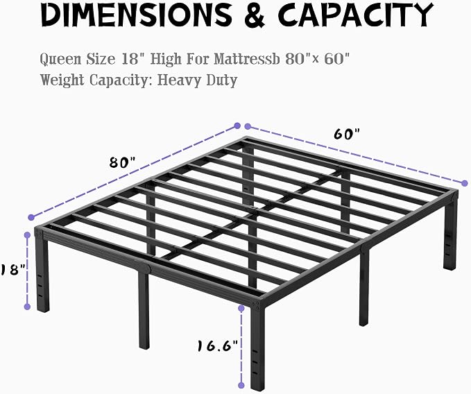 Furnitui 18 Inch High Metal Queen Bed Frame, Platform Bed Frame Queen Size No Box Spring Needed, Easy Assembly, Noise Free, Sturdy, Black