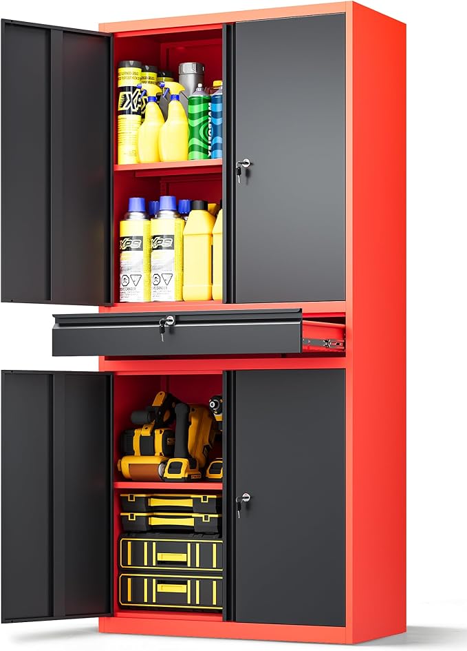 Metal Garage Storage Cabinet with Locking Doors and Drawer, 71" Steel Tool Storage Cabinet with Adjustable Shelves for Garage,Office,Warehouse (Red Black)