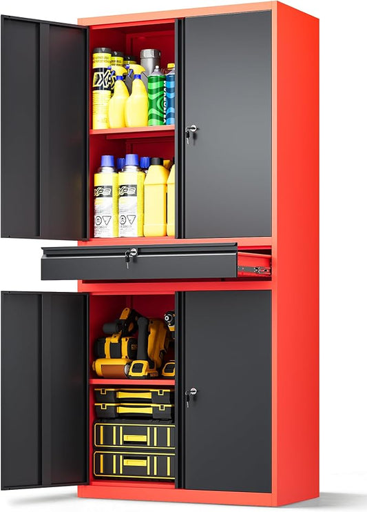 Metal Garage Storage Cabinet with Locking Doors and Drawer, 71" Steel Tool Storage Cabinet with Adjustable Shelves for Garage,Office,Warehouse (Red Black)