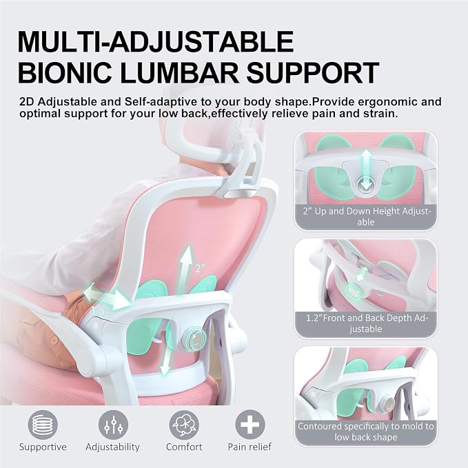 Ergonomic Office Chair,Ultra Thick Spring Cushion Desk Chair,Pink | Adjustable Lumbar Support and Headrest,Flip-up Arms,Rocking Function,Mesh Home Office Computer Chair