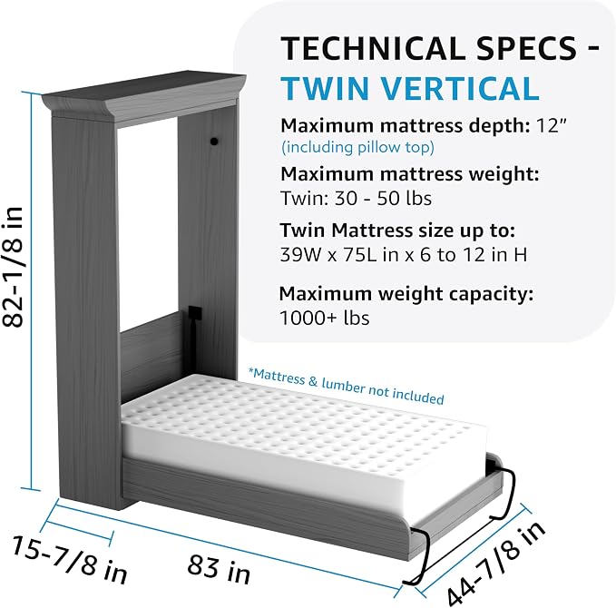 Create-A-Bed Twin Size Deluxe Murphy Bed Kit, Vertical