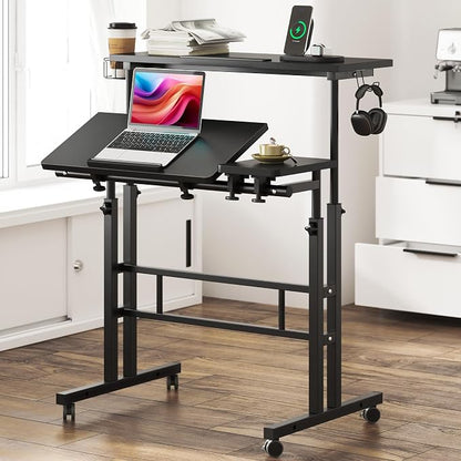 SogesHome 31.5 inch Mobile Standing Desk Adjustable Computer Desk Rolling Laptop Cart Portable Laptop Stand on Wheels Home Office Workstation with Cup Holder,Headphone Holder, Upgrade Black