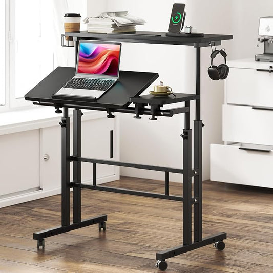 SogesHome 31.5 inch Mobile Standing Desk Adjustable Computer Desk Rolling Laptop Cart Portable Laptop Stand on Wheels Home Office Workstation with Cup Holder,Headphone Holder, Upgrade Black