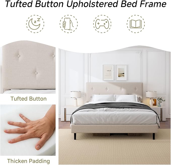 Full Size Linen Bed Frame, Upholstered Platform Bed Frame with Adjustable Headboard, Wooden Slats Support, No Box Spring Needed, Easy Assembly, Beige