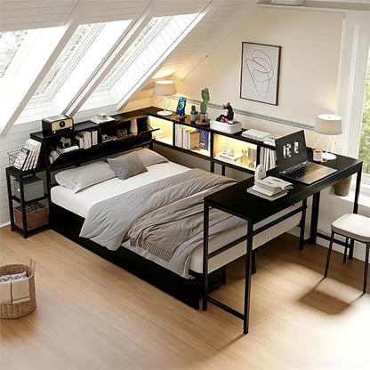 Bellemave Twin Corner Bed Frame with Storage Bookcase & 2 Drawers, Modern Metal Twin Daybed with LED Lights & Charging Station, Reversible Twin Corner Bed with Desk for Space-Saving, Black