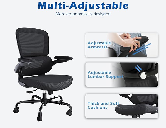 TRALT Ergonomic Office Chair - Desk Chair with Adjustable Headrest Lumbar Support Computer Chair - Mesh Comfy Chair with Flip-up Armrests - Gaming Chair for Adults Home Office PU, Black, Pack of 2