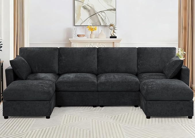110” Chenille 4-Seats Sofa W/Two Movable Ottomans, Black | Modern Fabric U-Shaped Couch w/Soft Backrests, Upholstered Sectional Sofa w/Arm Pillows for Living Room, Office