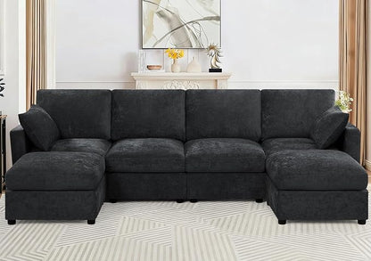 110” Chenille 4-Seats Sofa W/Two Movable Ottomans, Black | Modern Fabric U-Shaped Couch w/Soft Backrests, Upholstered Sectional Sofa w/Arm Pillows for Living Room, Office