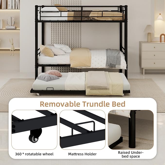 3-Way Convertible Twin over Twin Bunk Bed with Trundle, Metal Low Bunkbed for Kids Boys Girls, Guardrail & Ladders, Heavy Duty, No Box Spring Needed, Space-Saving, Easy Assembly (Black, With Trundle)