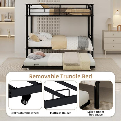 3-Way Convertible Twin over Twin Bunk Bed with Trundle, Metal Low Bunkbed for Kids Boys Girls, Guardrail & Ladders, Heavy Duty, No Box Spring Needed, Space-Saving, Easy Assembly (Black, With Trundle)
