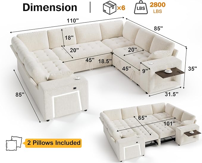 Vipbear 111" Modular Sectional Sleeper Sofa with Pull Out Bed, 8 Seat Chenille U Shaped Couch with 2 Pull-Out Beds|USB Ports|Cup Holders|Side Table|LED Light, Tool Free Assembly, Beige