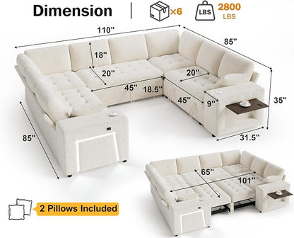 Vipbear 111" Modular Sectional Sleeper Sofa with Pull Out Bed, 8 Seat Chenille U Shaped Couch with 2 Pull-Out Beds|USB Ports|Cup Holders|Side Table|LED Light, Tool Free Assembly, Beige