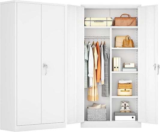 INTERGREAT 72”Tall Metal Wardrobe Cabinets with Lock,Clothing Storage Cabinets with Hanging Rod and 4 Adjustable Shelves，Closet for Home Living/Laundry Room/Department (White)