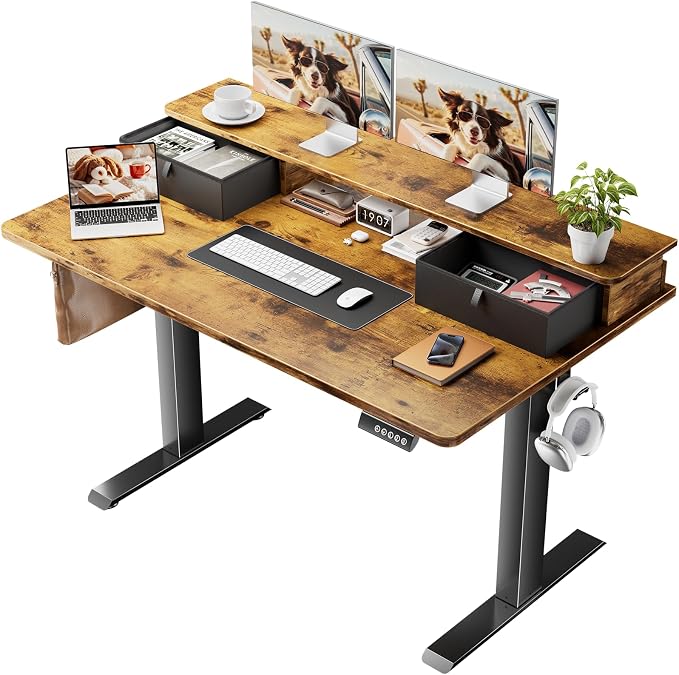 Veken 47x28 in Electric Standing Desk with Drawers, Adjustable Table, Brown | Stand up Computer Desk for Home Office, Work & Study, with Storage, 3 Memory Presets, Cable Organizer, Hook, and Quiet Lift.
