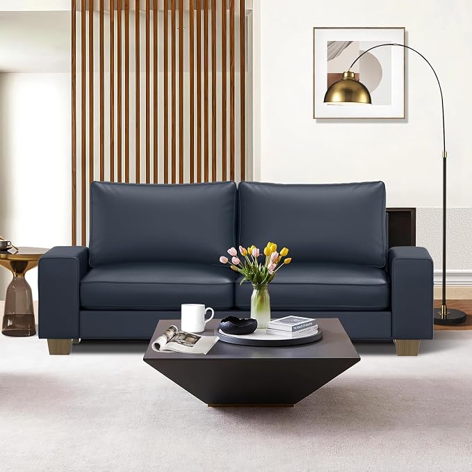 Valthie Faux Leather Couch, Mid Century Modern Comfy Loveseat Sofa with Wide Arm, Side Pockets, Solid Wooden Frame for Office, Living Room and Bedroom, 3 Seater (Blue, 88.58 inches)