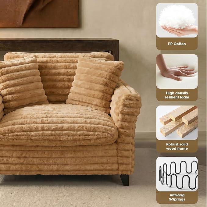 ERYE 46.9" Corduroy Upholstered Accent Chair Wide Seat Armchair for Living Room Bedroom, Modern Cloud Cushion Armchair W/ 2 Pillows and Wooden Legs for Home Apartment Office