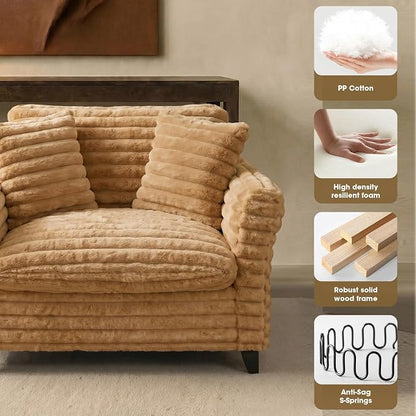ERYE 46.9" Corduroy Upholstered Accent Chair Wide Seat Armchair for Living Room Bedroom, Modern Cloud Cushion Armchair W/ 2 Pillows and Wooden Legs for Home Apartment Office