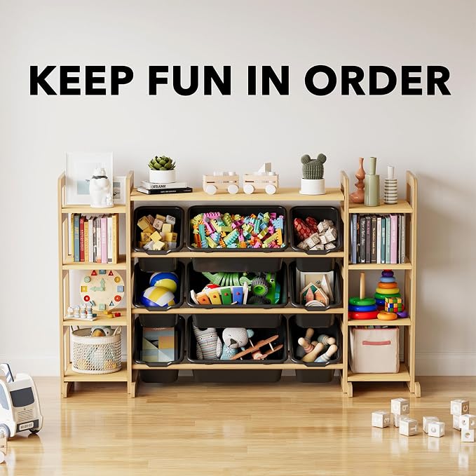 SpaceAid Large Toy Storage Organizer 9 Shelves 9 Bins, Toy Organizers Storage Bookshelf, Kids Bin Shelf Toys Box Bookcase for Bedroom Playroom Organization Room Decor, Neutral Gray