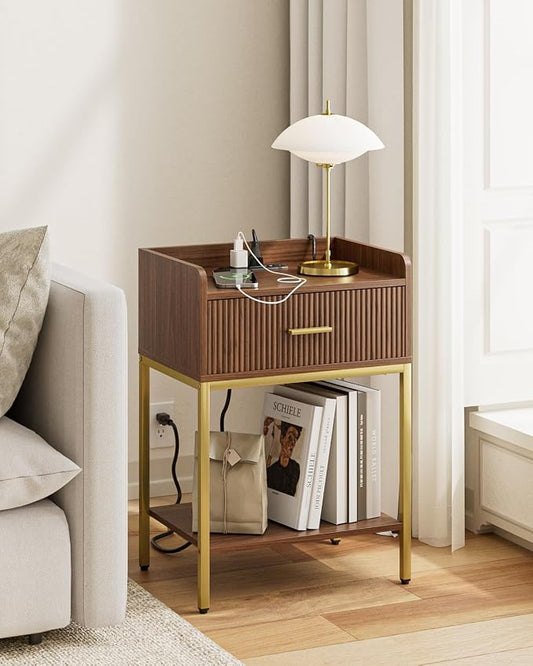 Nightstand with Charging Station, 3-Tier Bed Side Table, Small End Table, Night Stand with Open Shelf and Drawer, Bedside Table for Bedroom, Living Room, Walnut