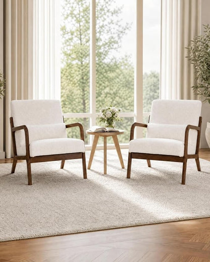 Garvee Mid-Century Accent Chair Set of 2, Sherpa Upholstery, Cozy Reading Chair, Modern Lounge Armchair with Lumbar Pillow, Sturdy Wood Frame, for Living Room, Bedroom, Office, Beige