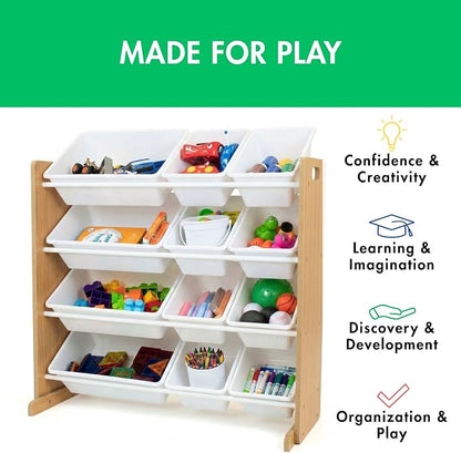Humble Crew Toy Storage Organizer with 12 Removable Storage Bins for Kids Playroom, 4-Tier Toddler Toy Organization, Natural/White