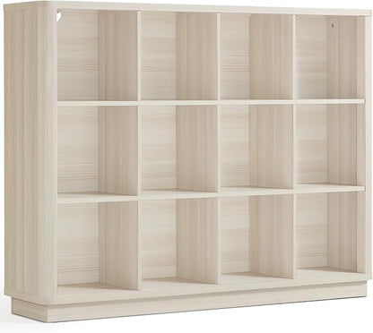Joaxswe 12 Cube Storage Organizer, 41" Large Bookshelf with Curved Edge, Wood Floor Standing 3-Tier Cubby Bookcase w/Base, Modern Display Storage Cabinet for Living Room, Office, Gray-White Cream Oak