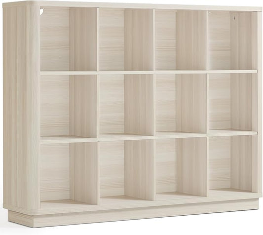 Joaxswe 12 Cube Storage Organizer, 41" Large Bookshelf with Curved Edge, Wood Floor Standing 3-Tier Cubby Bookcase w/Base, Modern Display Storage Cabinet for Living Room, Office, Gray-White Cream Oak