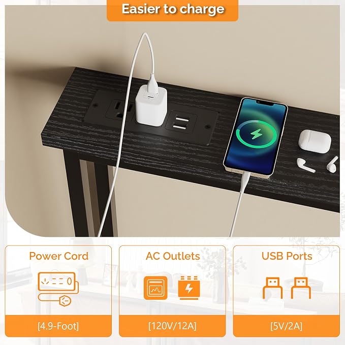 VINGLI 39" Console Table with Charging Station, 5.9" Narrow Sofa Table Behind Couch, Entryway Table with Power Outlet & 4.9 Ft Extension Cord & Adjustable Feet, for Living Room, Hallway, Black