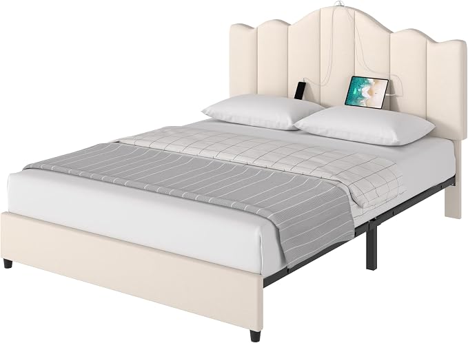 VECELO Queen Bed Frame with Adjustable Headboard, Heavy-Duty Upholstered Platform with Strong Wood Slats, No Box Spring Needed, Easy Assembly, Pure Beige