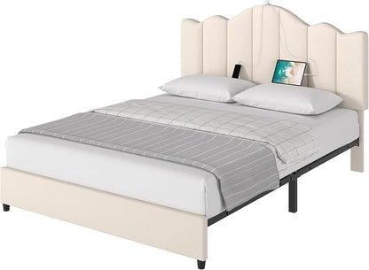 VECELO Queen Bed Frame with Adjustable Headboard, Heavy-Duty Upholstered Platform with Strong Wood Slats, No Box Spring Needed, Easy Assembly, Pure Beige