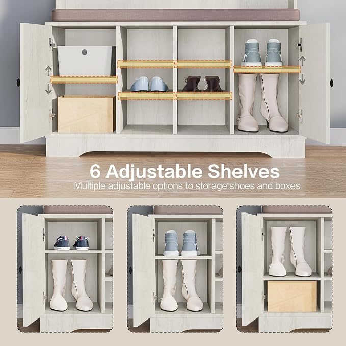 71" Hall Tree with Bench and Shoe Storage, Entryway Hall Tree with 2 Doors and 6 Adjustable Shelves, Cushioned Storage Bench with Coat Rack for Hallway, Living Room, Mudroom