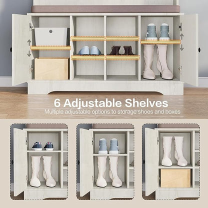 71" Hall Tree with Bench and Shoe Storage, Entryway Hall Tree with 2 Doors and 6 Adjustable Shelves, Cushioned Storage Bench with Coat Rack for Hallway, Living Room, Mudroom