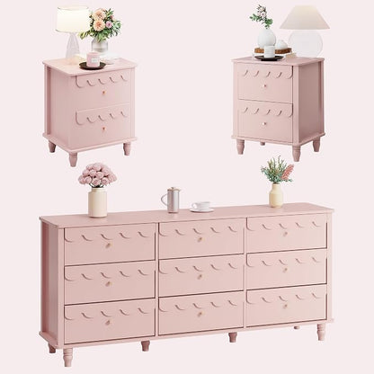 Anbuy Bedroom Sets 9 Drawer Dresser and Night Stand Sets for Bedroom, Two Drawers Nightstand Set of 2 & 9 Drawer Dresser Combo 3 Pieces (Pink)